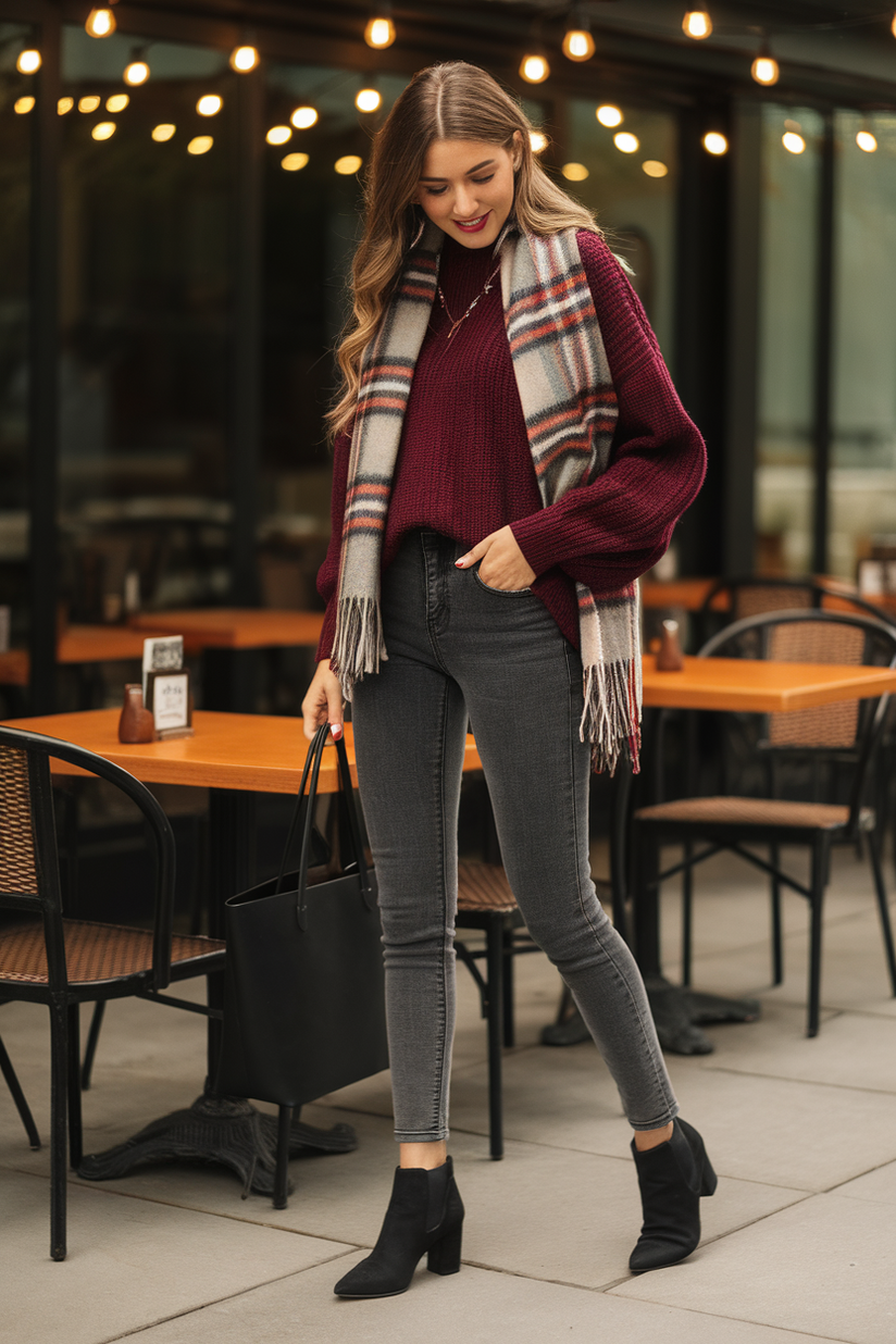 A modest outfit with gray jeans, a maroon sweater, and black ankle boots at a café patio.