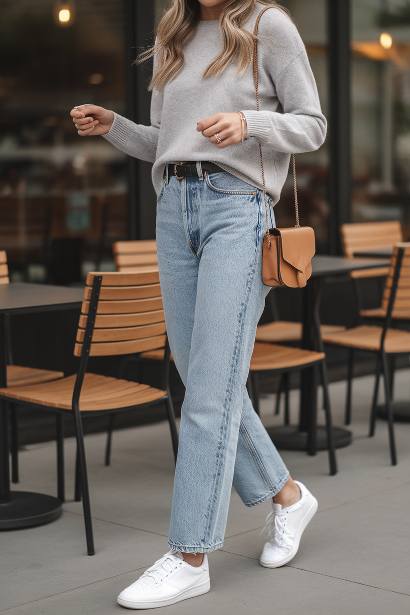 A modest outfit with straight-leg blue jeans, a gray sweater, and white sneakers on a coffee shop patio.