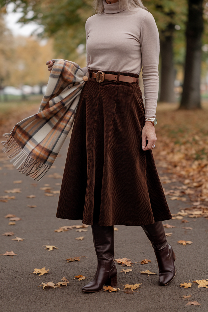 A modest outfit with a brown corduroy skirt, beige turtleneck, and dark brown knee-high boots in an autumn park.