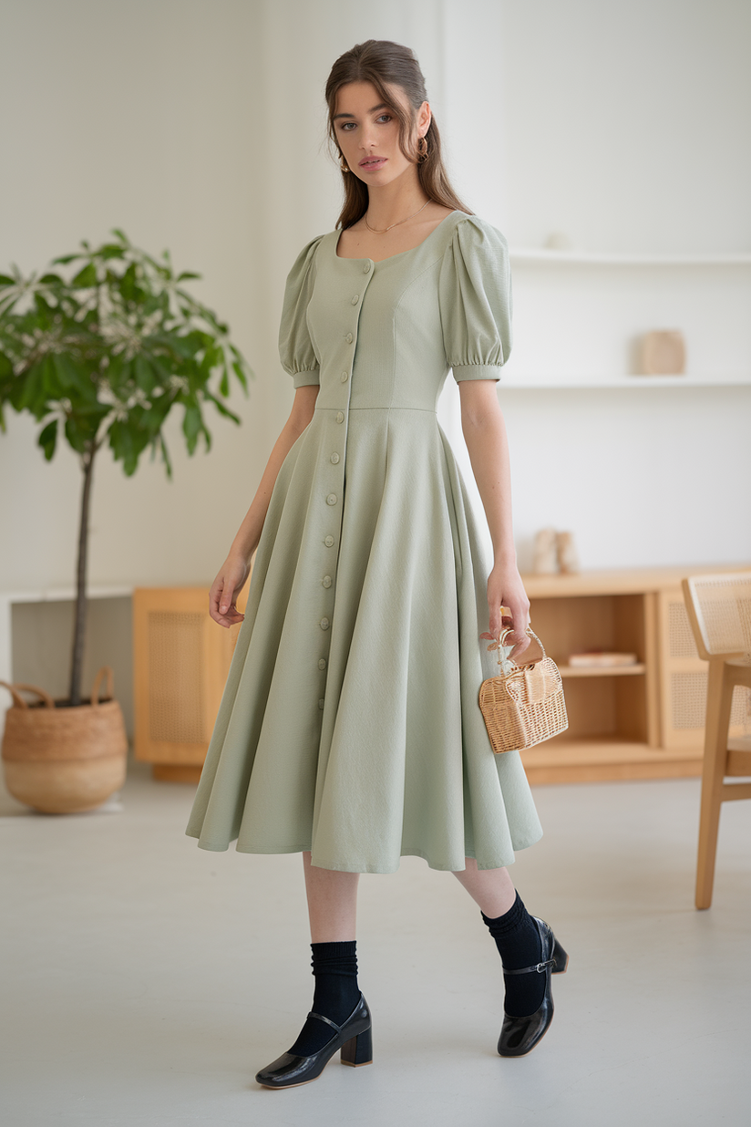 A modest sage green button-up dress with a flared skirt, styled with black Mary Jane shoes and ankle socks.