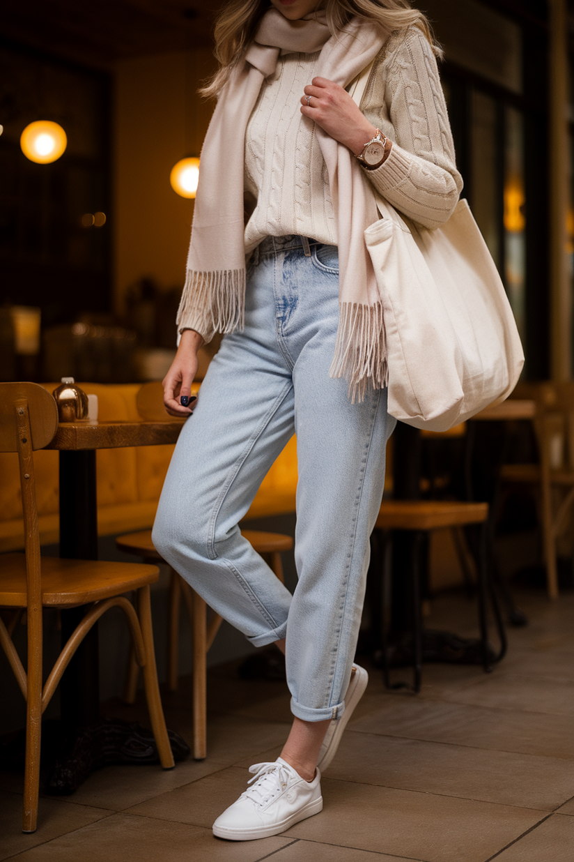 A modest outfit with light blue mom jeans, a cream sweater, and white sneakers in a cozy café.