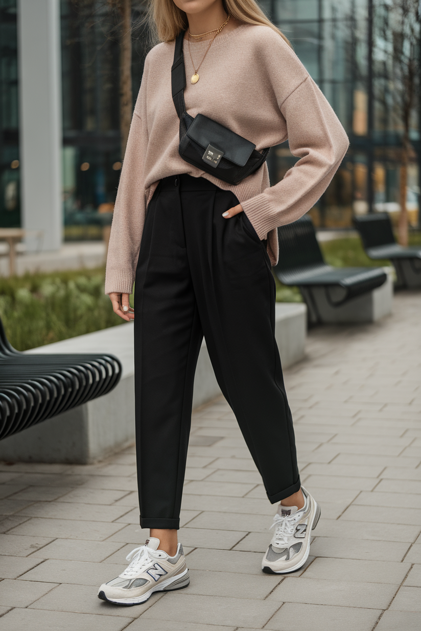 A modest outfit with black trousers, a beige sweater, and white New Balance sneakers in a city park.