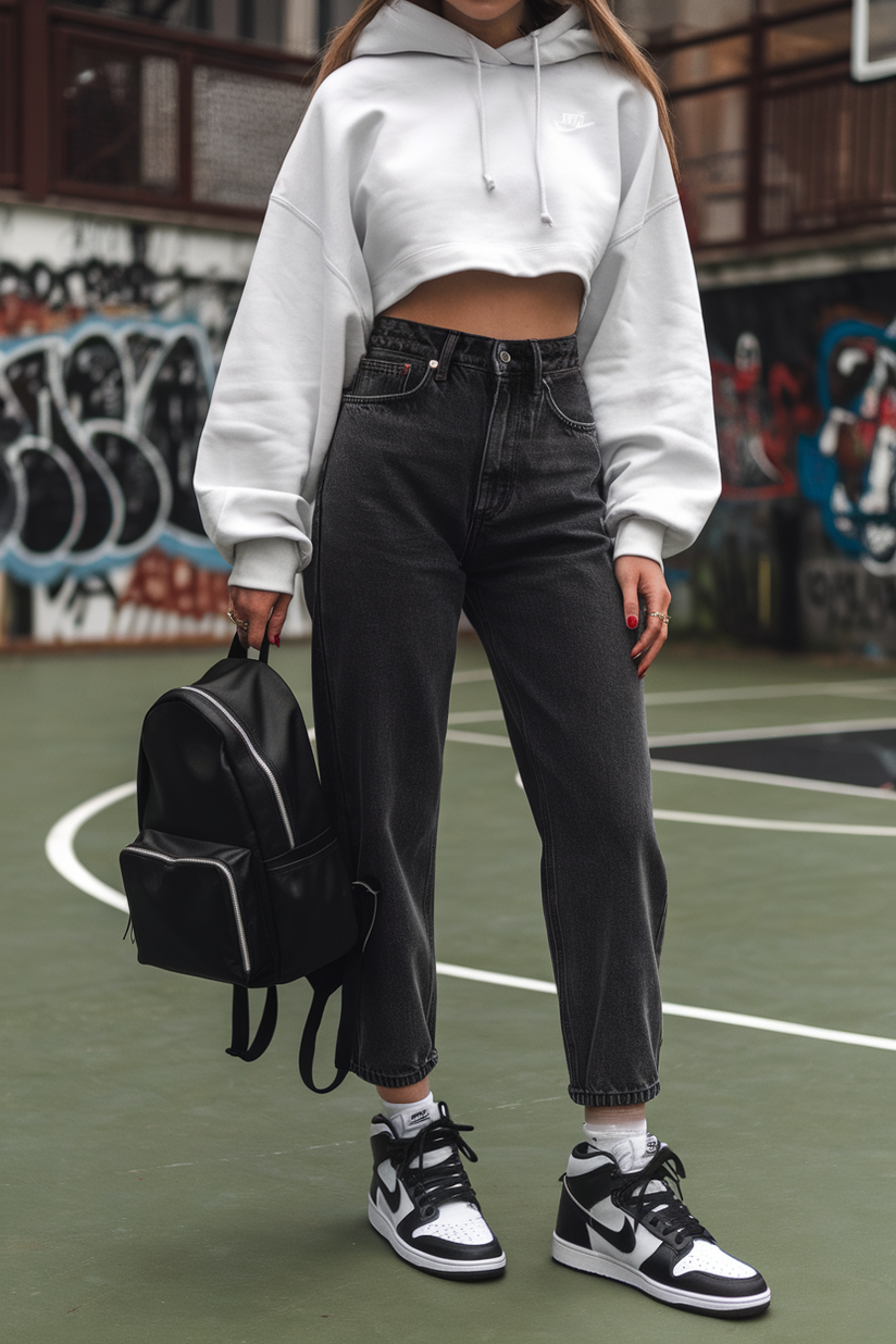 A modest outfit with black jeans, a white hoodie, and Nike Dunks at a basketball court.