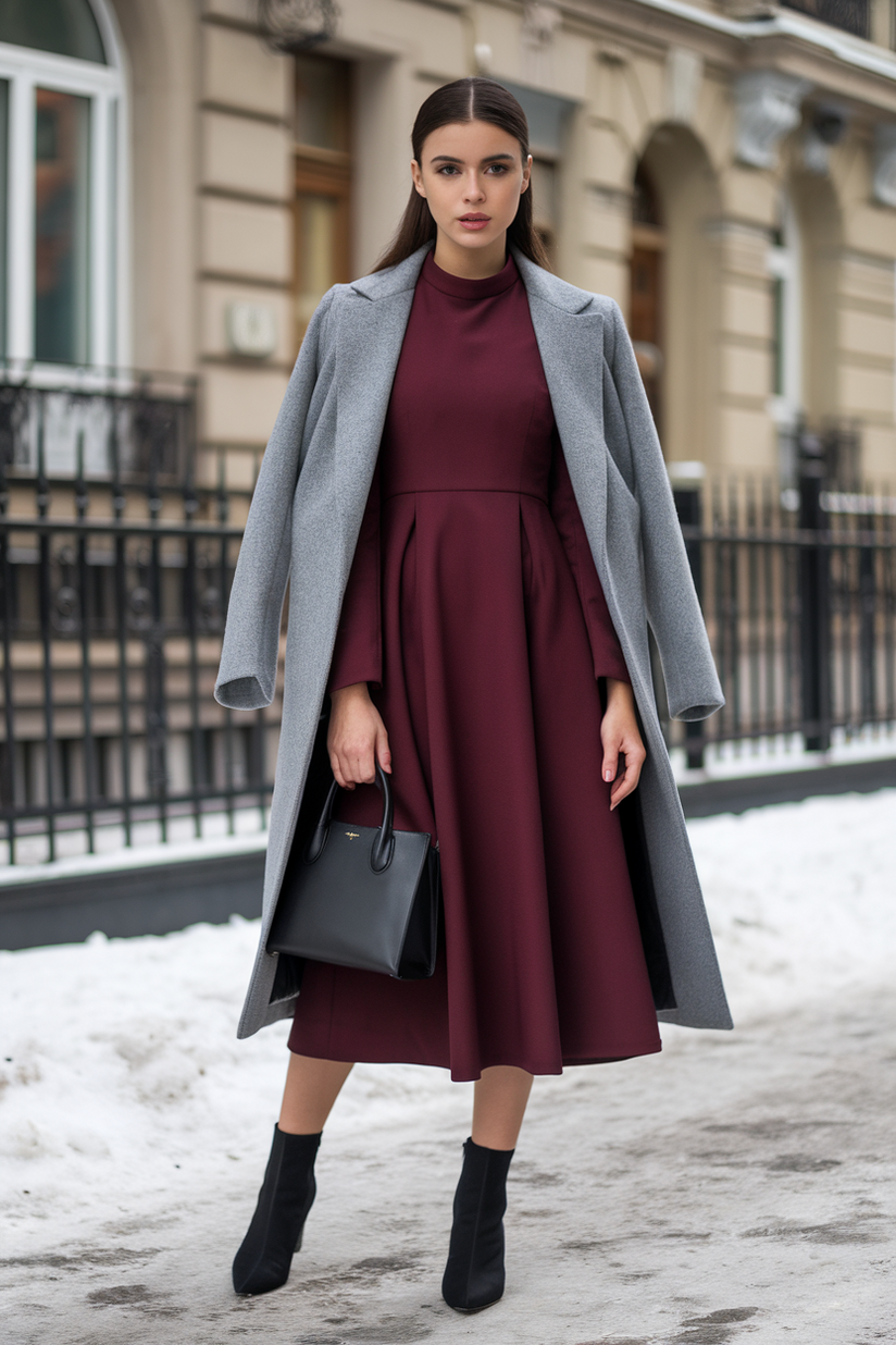 A modest outfit with a gray overcoat, burgundy dress, and black ankle boots on a snowy city street.