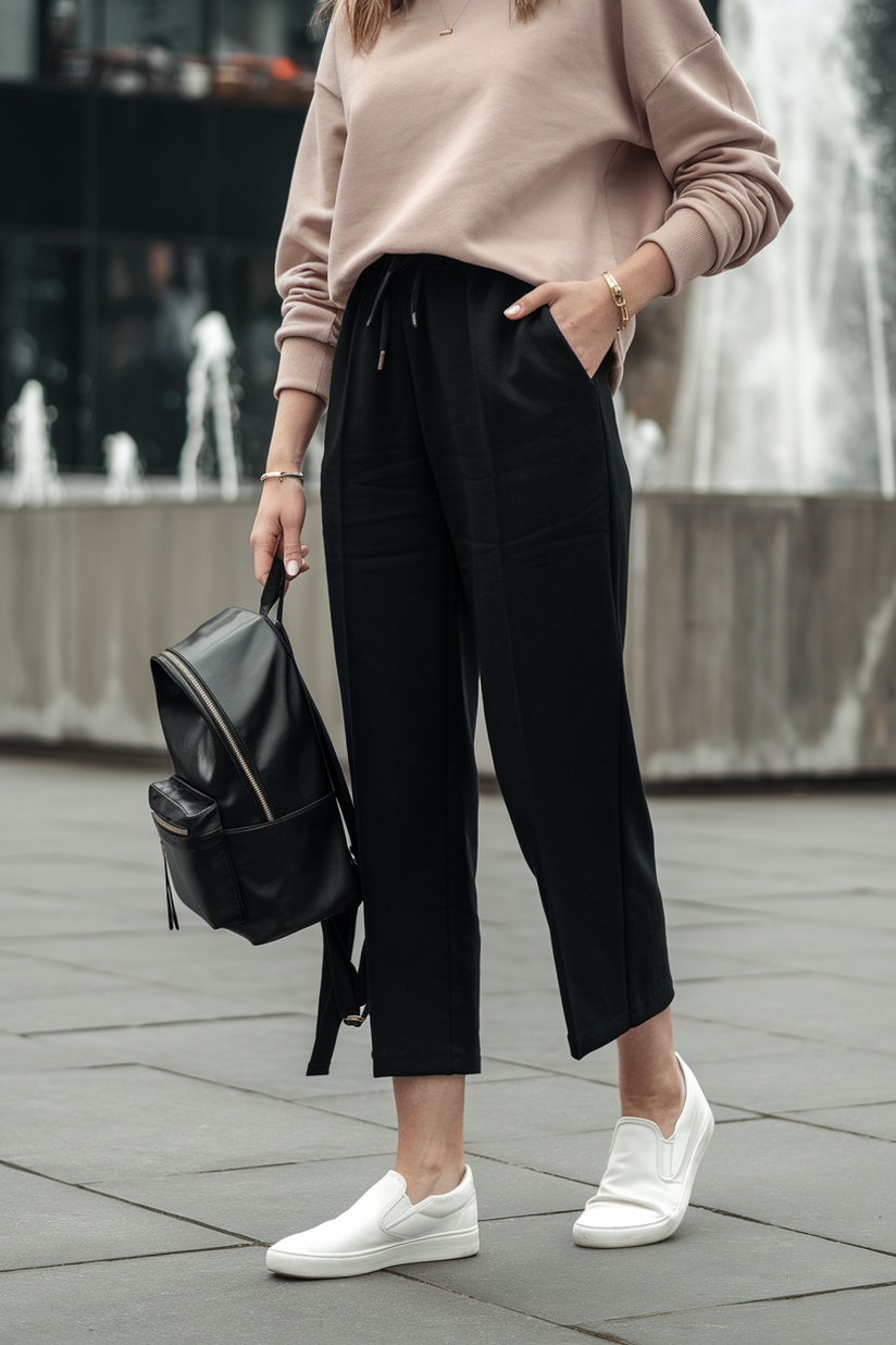 A modest casual outfit with black pants, a beige sweatshirt, and white sneakers in a city square.