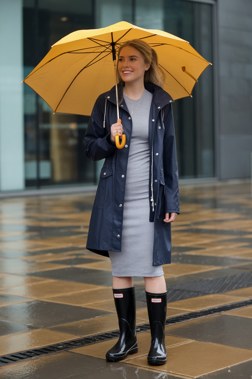 A modest outfit with a navy raincoat, gray dress, and black rain boots on a rainy street.