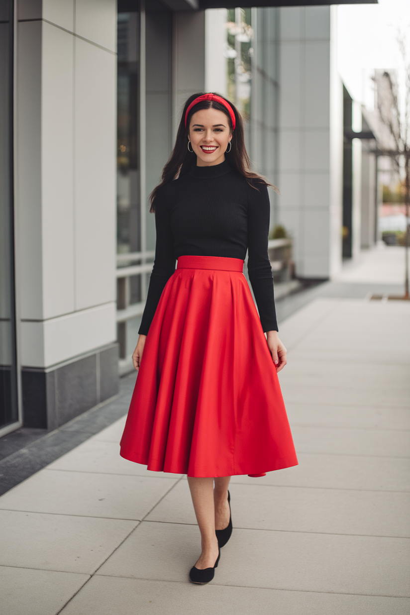 A modest red midi skirt with a black long-sleeve top and black flats, styled on an urban sidewalk.