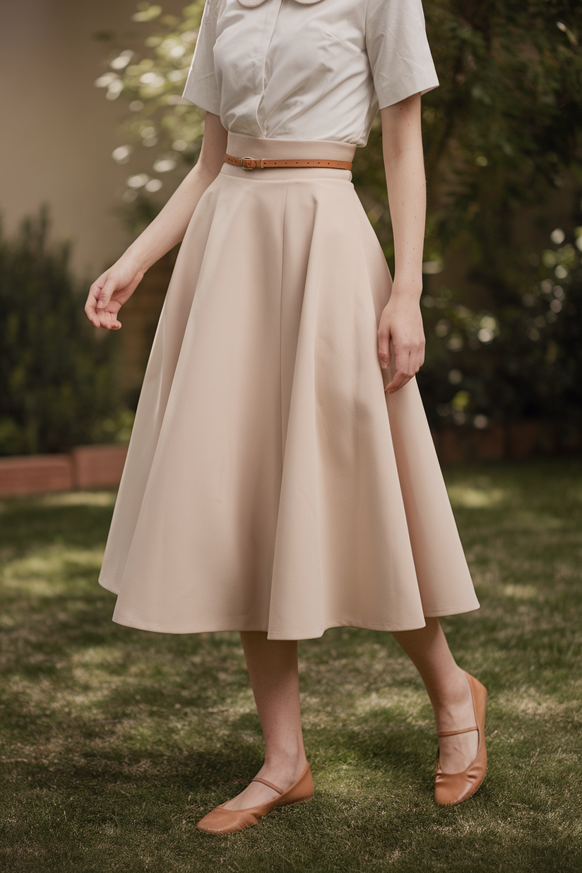 A modest outfit with a beige A-line skirt, white blouse, and tan flats, styled in a garden setting.