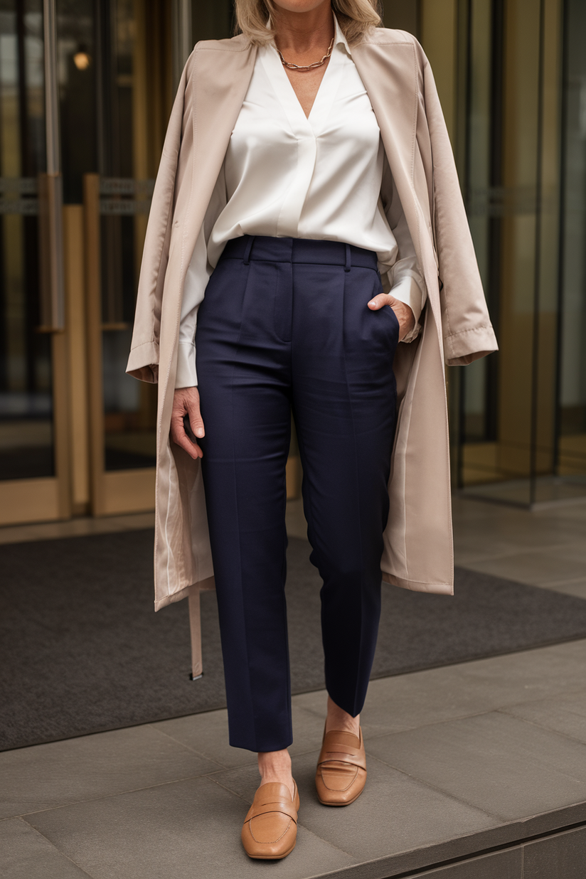 A modest outfit with navy trousers, a white blouse, and tan loafers at an office building entrance.