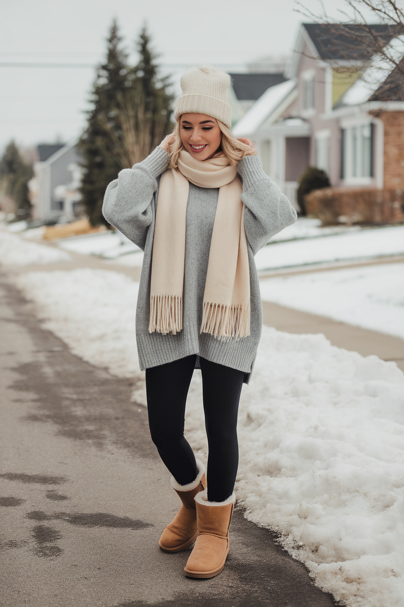 A modest outfit with a gray sweater, black leggings, and chestnut UGG boots in a snowy suburban street.