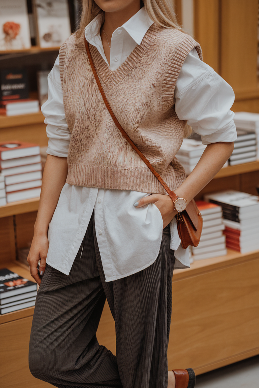 A modest outfit with a beige vest, white shirt, and pleated trousers in a cozy bookshop.