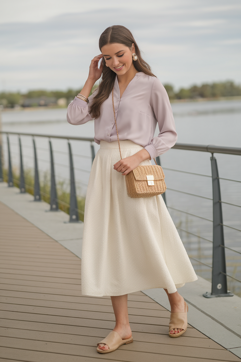 A modest outfit with a white A-line skirt, lavender blouse, and beige sandals at a lakeside boardwalk.