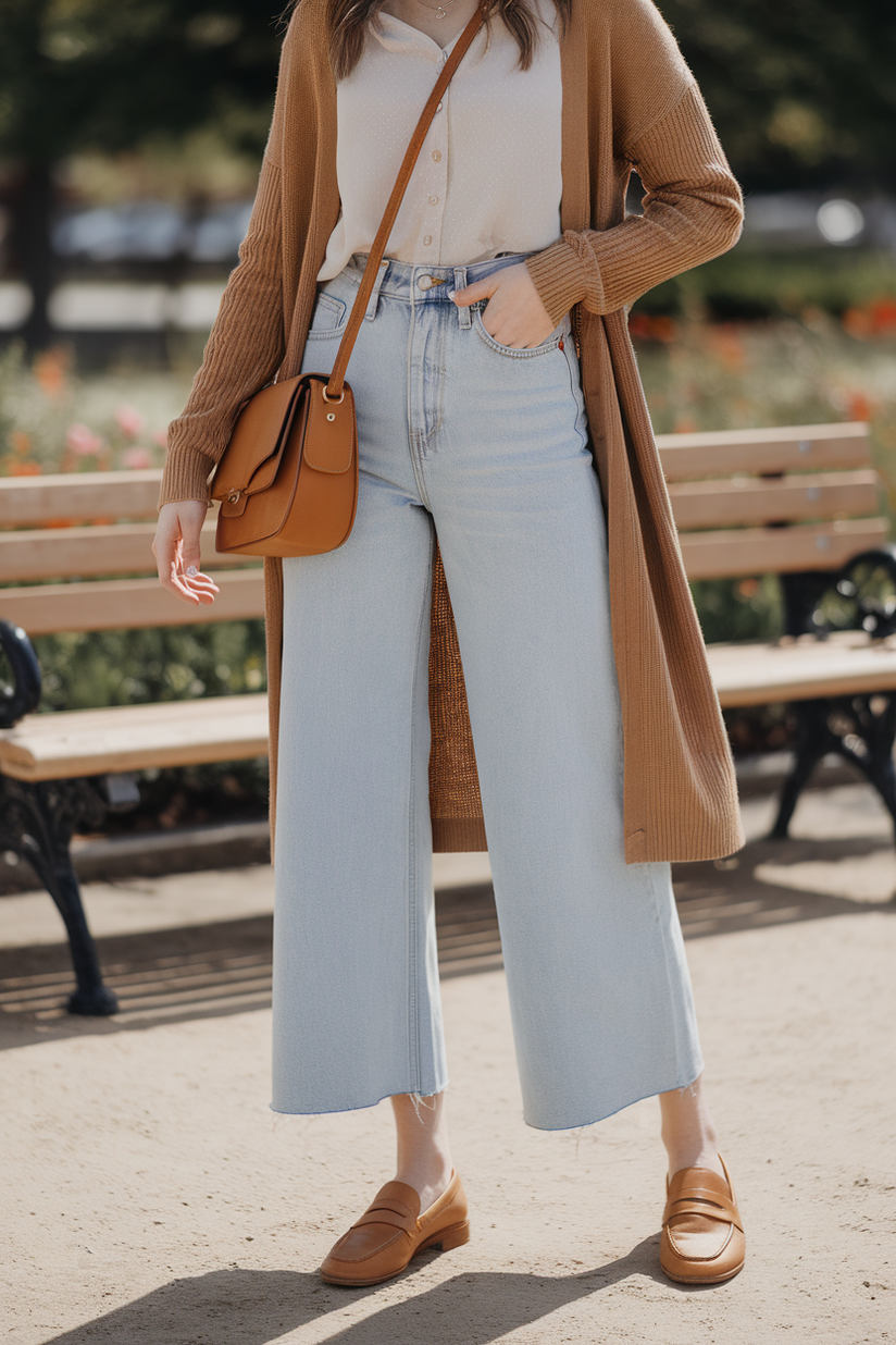 A modest outfit with wide-leg jeans, a white blouse, and a camel cardigan, styled in a sunny park.