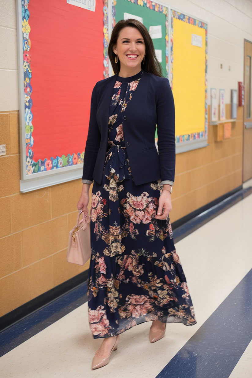 A floral maxi dress paired with a navy blazer and flats for a modest spring work outfit.