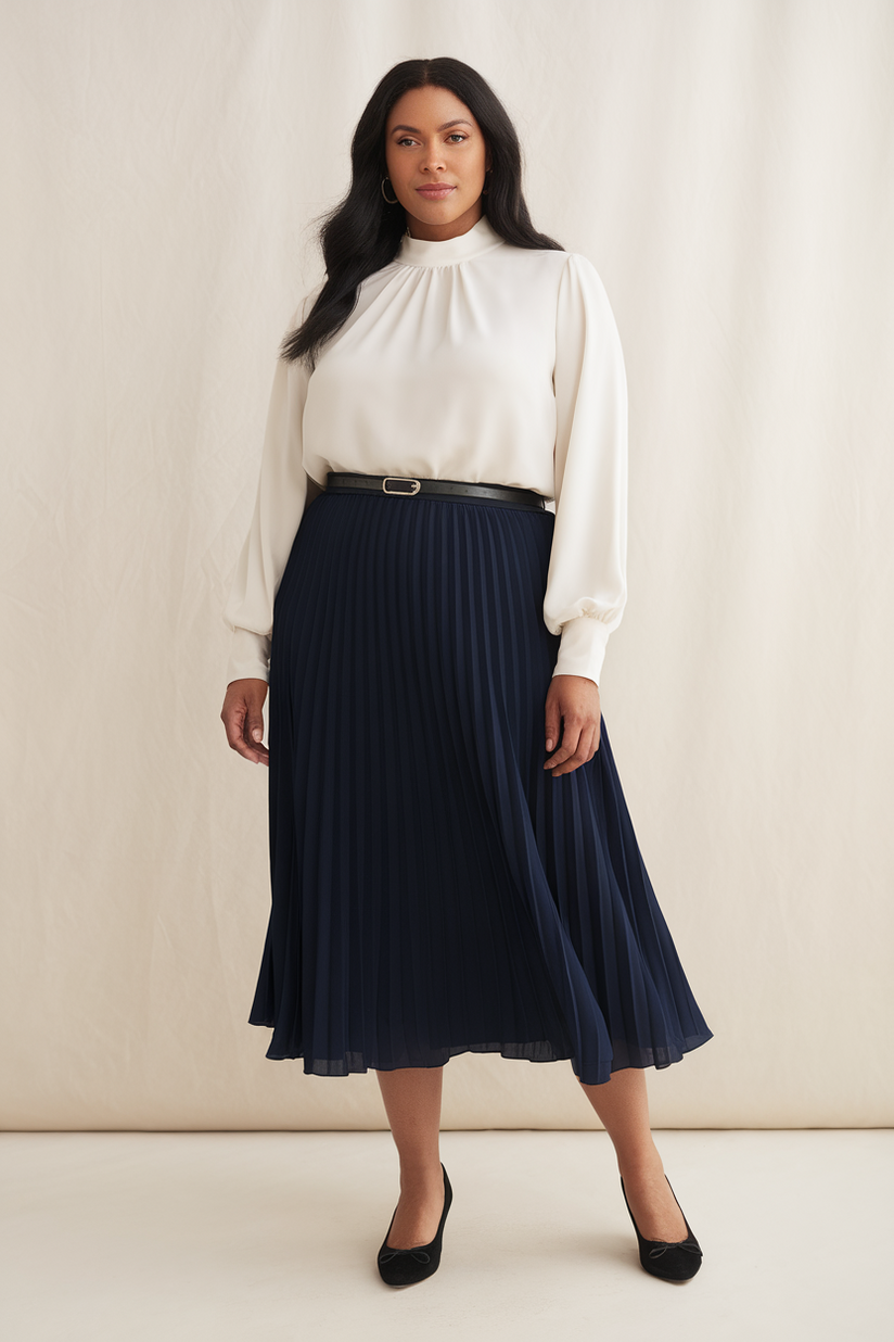 Plus-size woman in a navy blue pleated skirt with a white blouse and black ballet flats, standing against a cream-colored background.