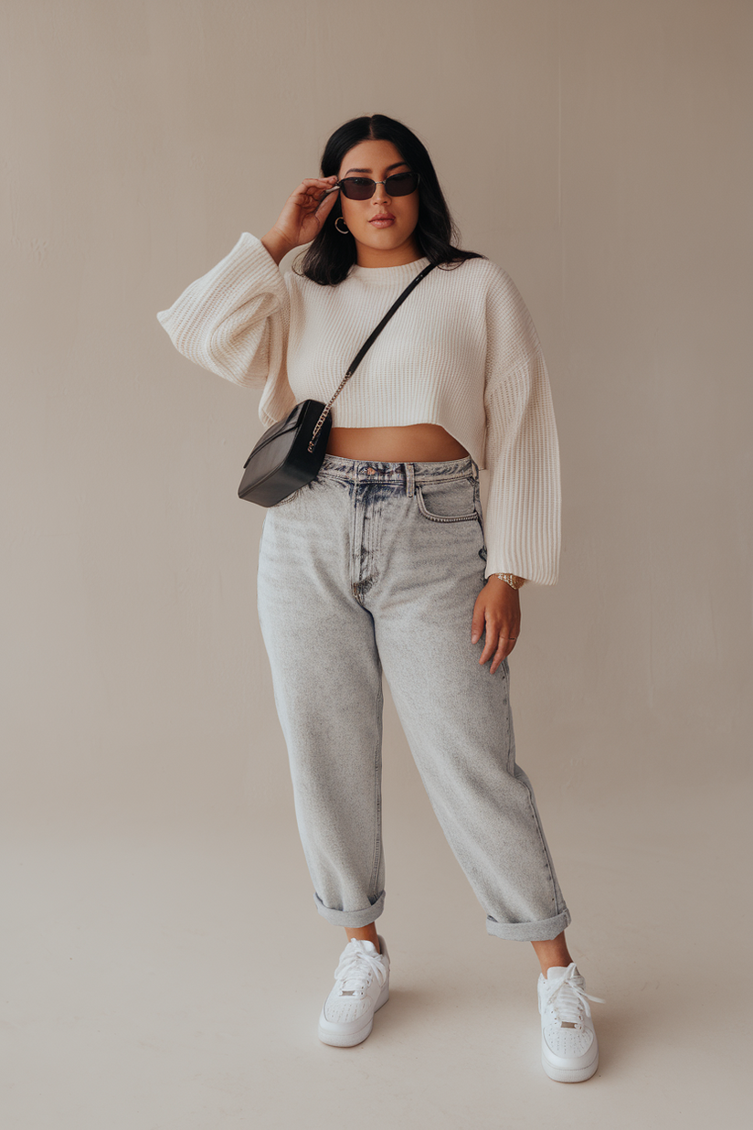 Plus-size woman in light wash mom jeans and a cropped white sweater with white sneakers, standing against a beige background.