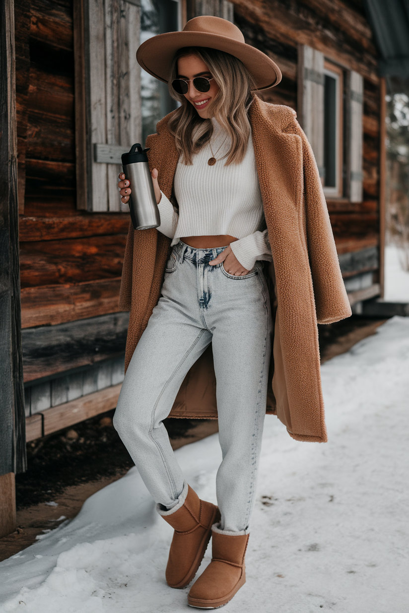 Winter outfit with mom jeans, white sweater, and tan UGG boots.