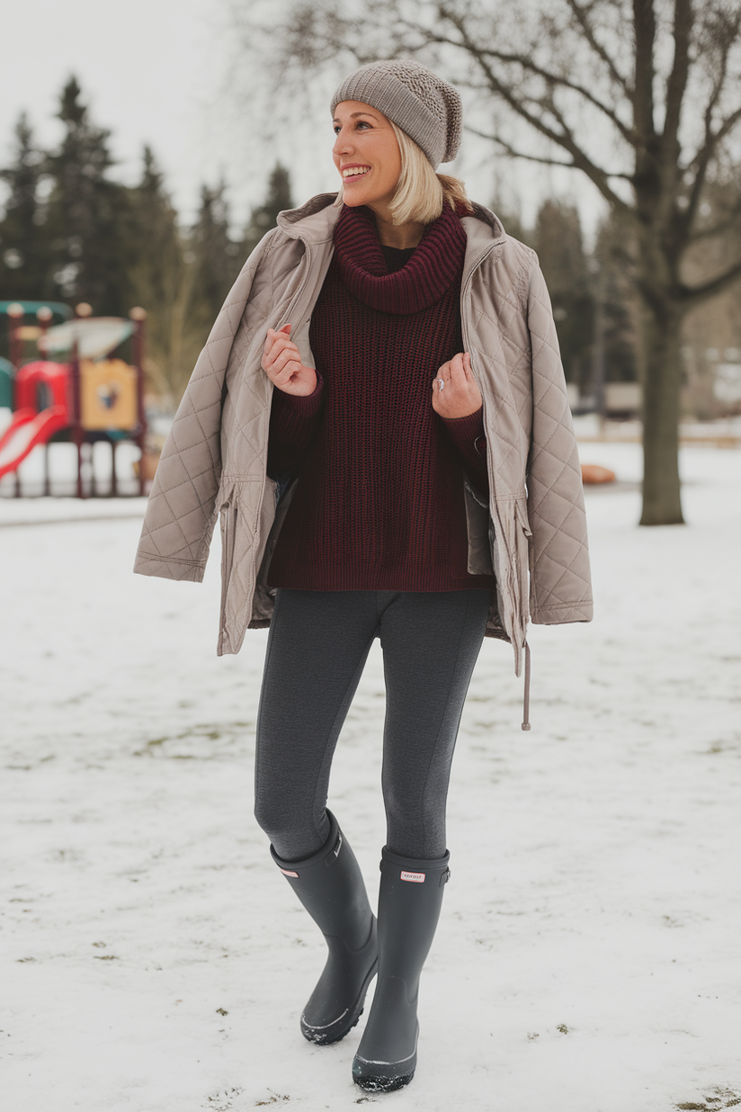 Winter mom outfit with gray leggings, a maroon sweater, and a beige jacket.