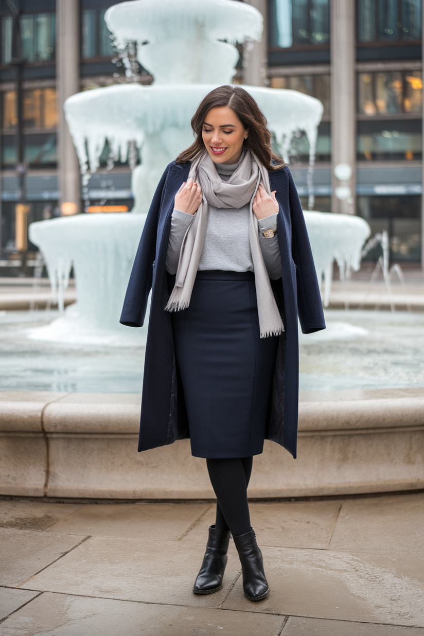 Winter outfit with a navy pencil skirt, light gray sweater, and black ankle boots.