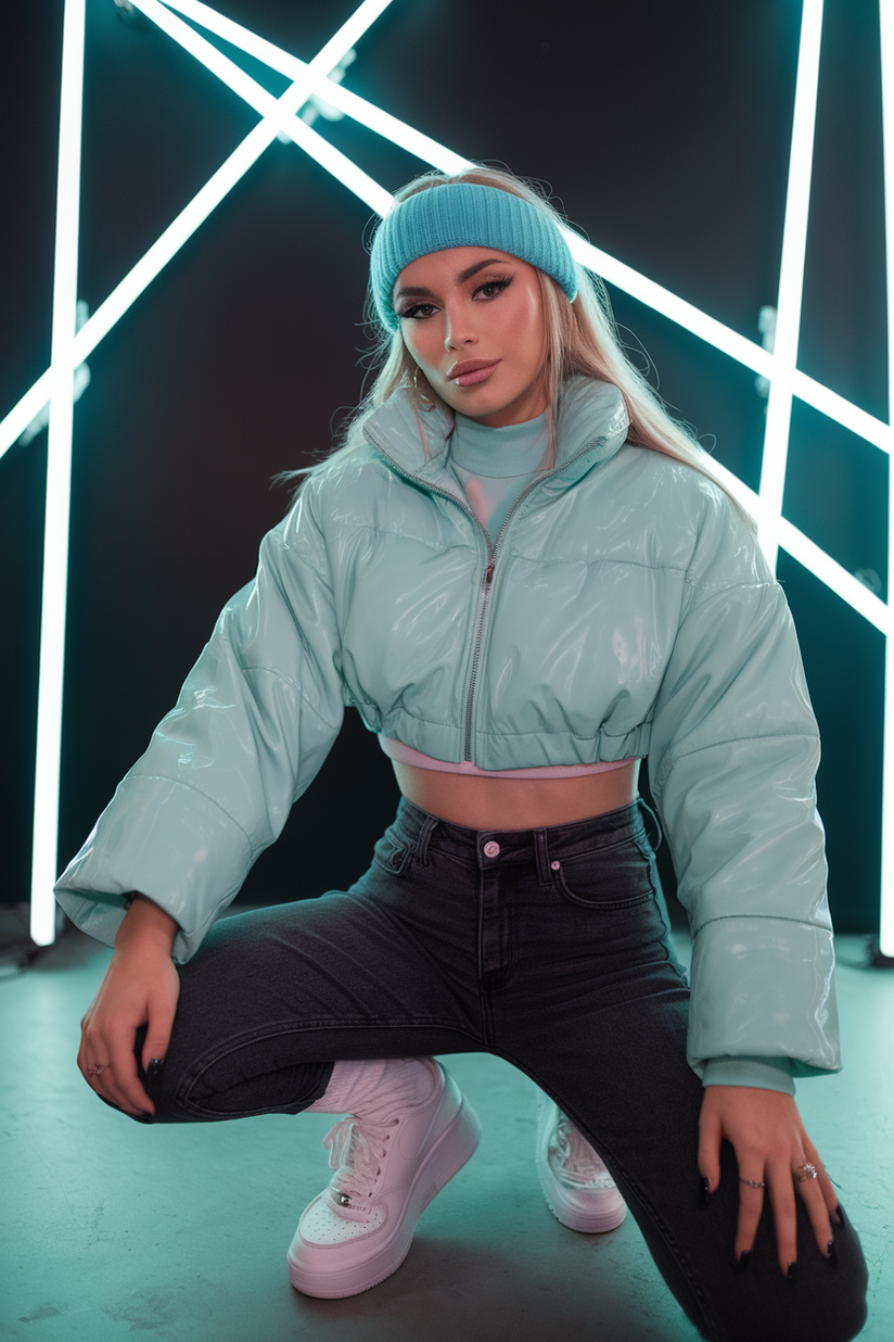 Woman in dark high-waisted jeans, platform sneakers, and a pastel blue puffer jacket with neon lights.