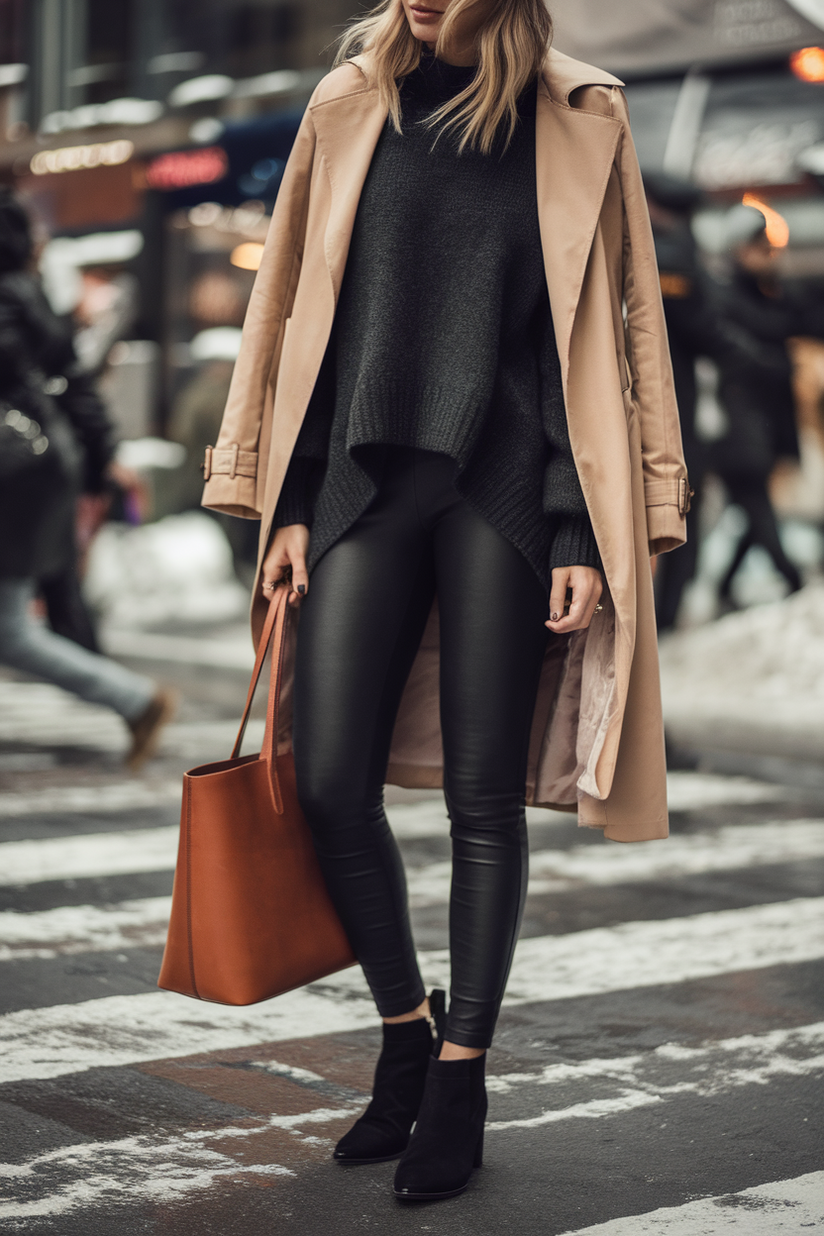 Winter New York-style outfit with black leggings, a gray sweater, and a camel trench coat.