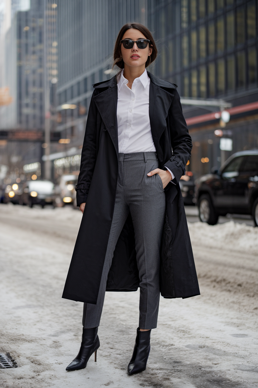 A woman in a black trench coat, white shirt, and gray trousers, styled for a winter work outfit in New York City.