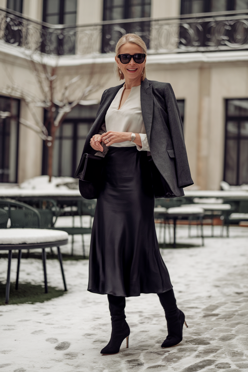 Classy winter outfit with a black silk skirt, white blouse, and gray blazer.