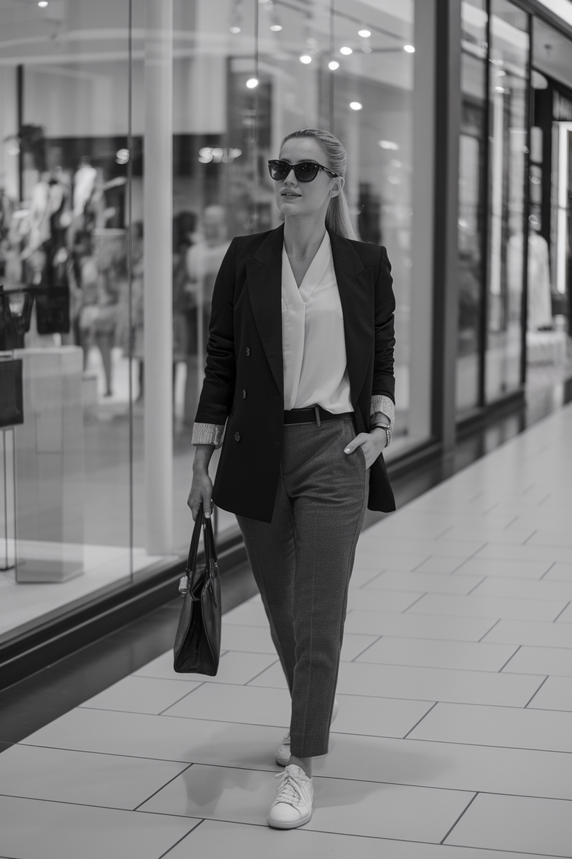 A tailored black blazer, white blouse, and gray trousers styled for NYC spring work fashion.