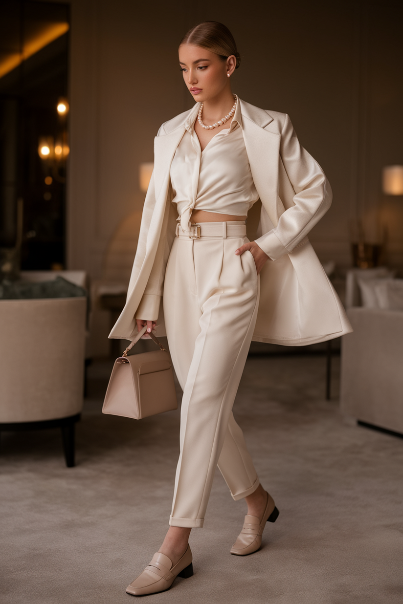 A woman styled in cream trousers and a white silk blouse with nude loafers, creating a refined and clean old-money aesthetic.