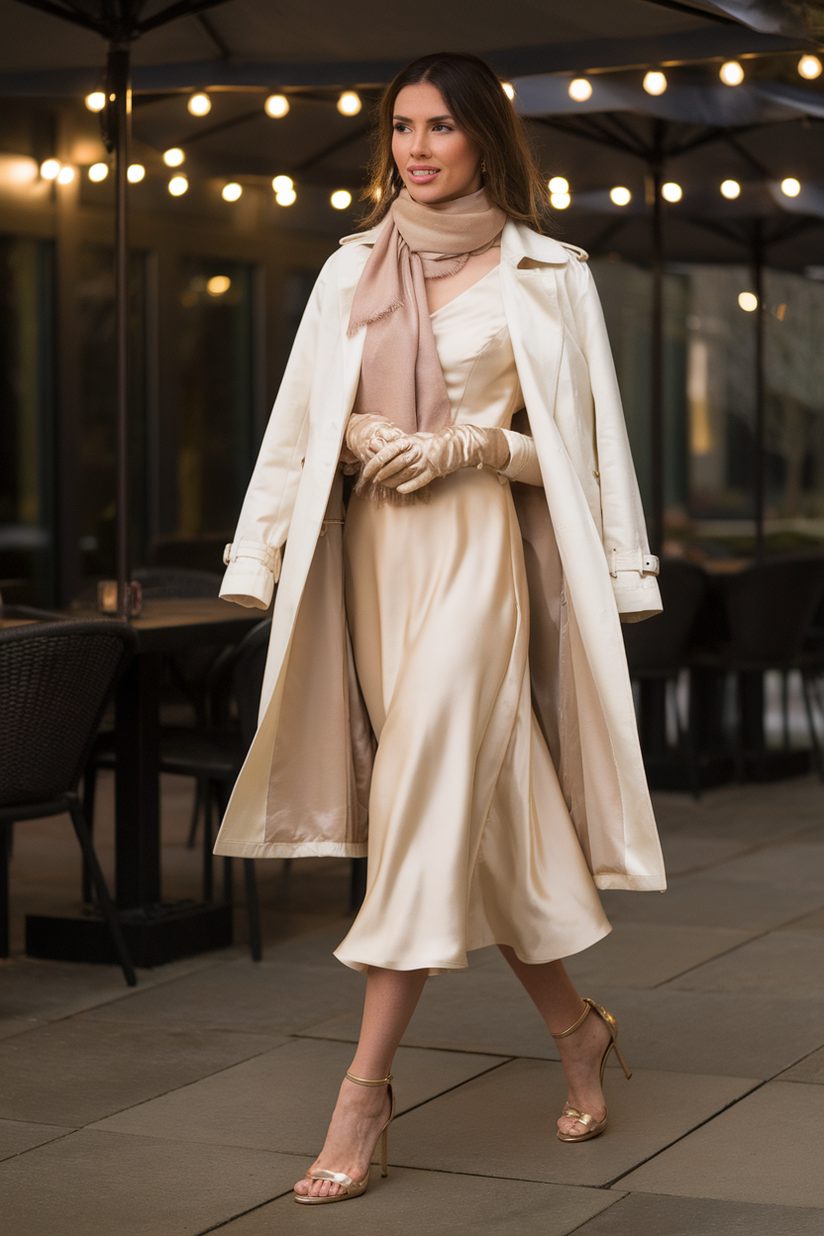 Gold open-toe high heels paired with a satin dress and trench coat on a winter evening.