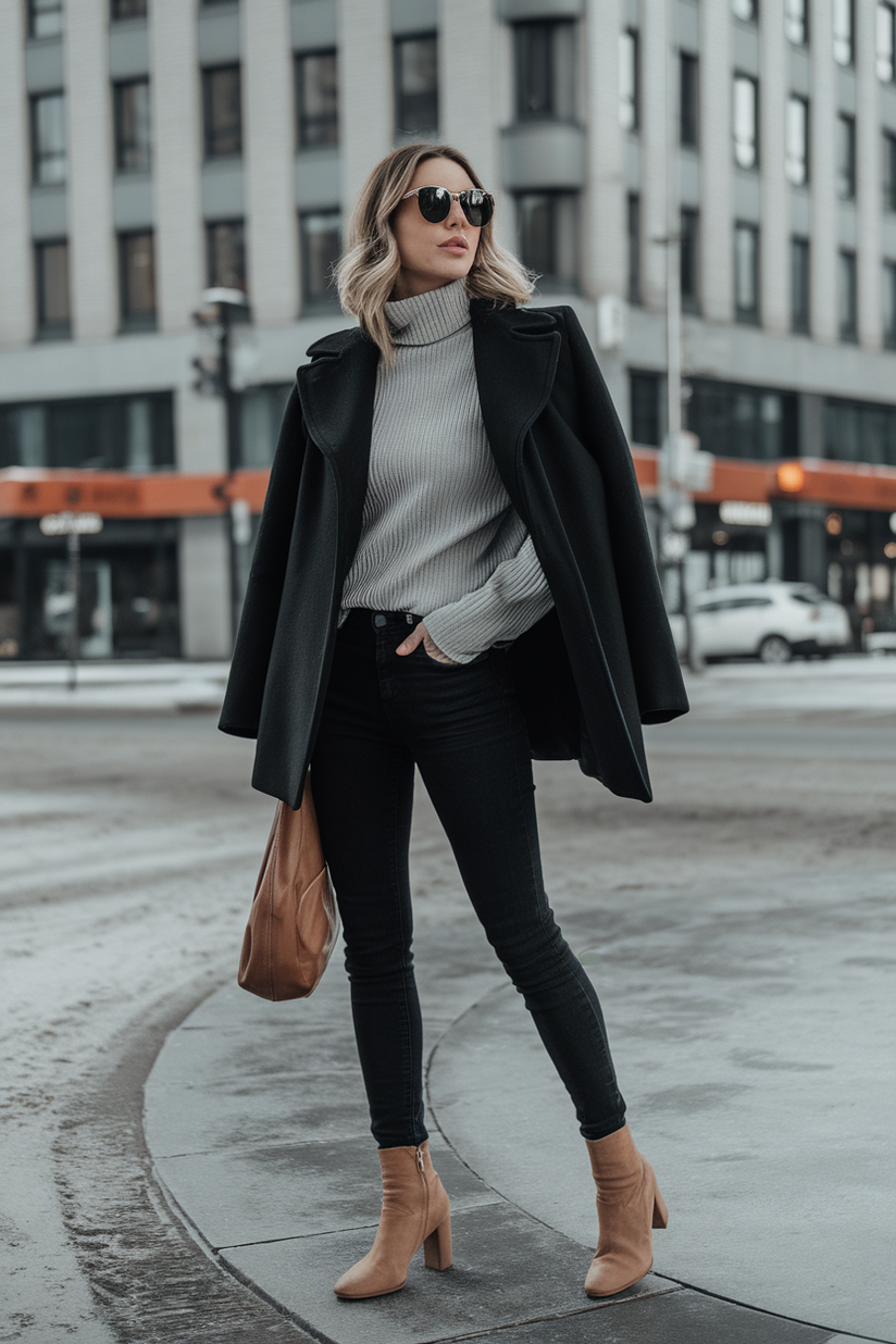 Woman in black skinny jeans, tan boots, and a ribbed turtleneck with a black peacoat on a frosty street.