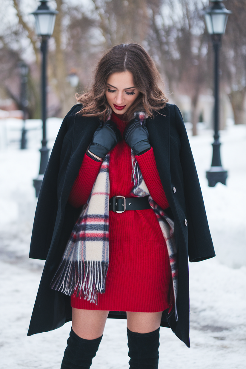 Winter outfit with a red sweater dress, black coat, and over-the-knee boots.