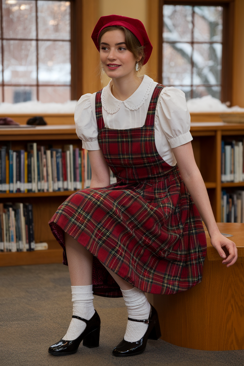 Black Mary Jane heels styled with a red plaid pinafore dress for a girly winter outfit.