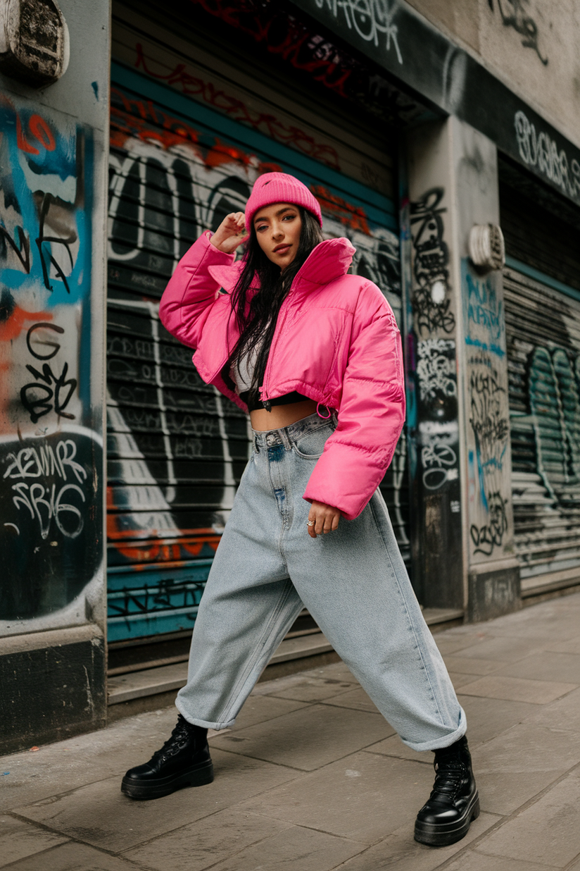 Woman in baggy jeans, a pink puffer jacket, and chunky boots with a pink beanie in a bold urban setting.