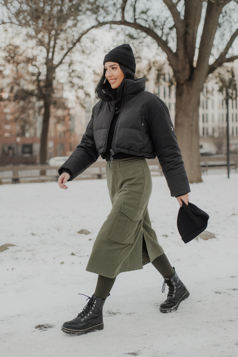 Winter outfit with an olive green cargo skirt, black puffer jacket, and black combat boots.