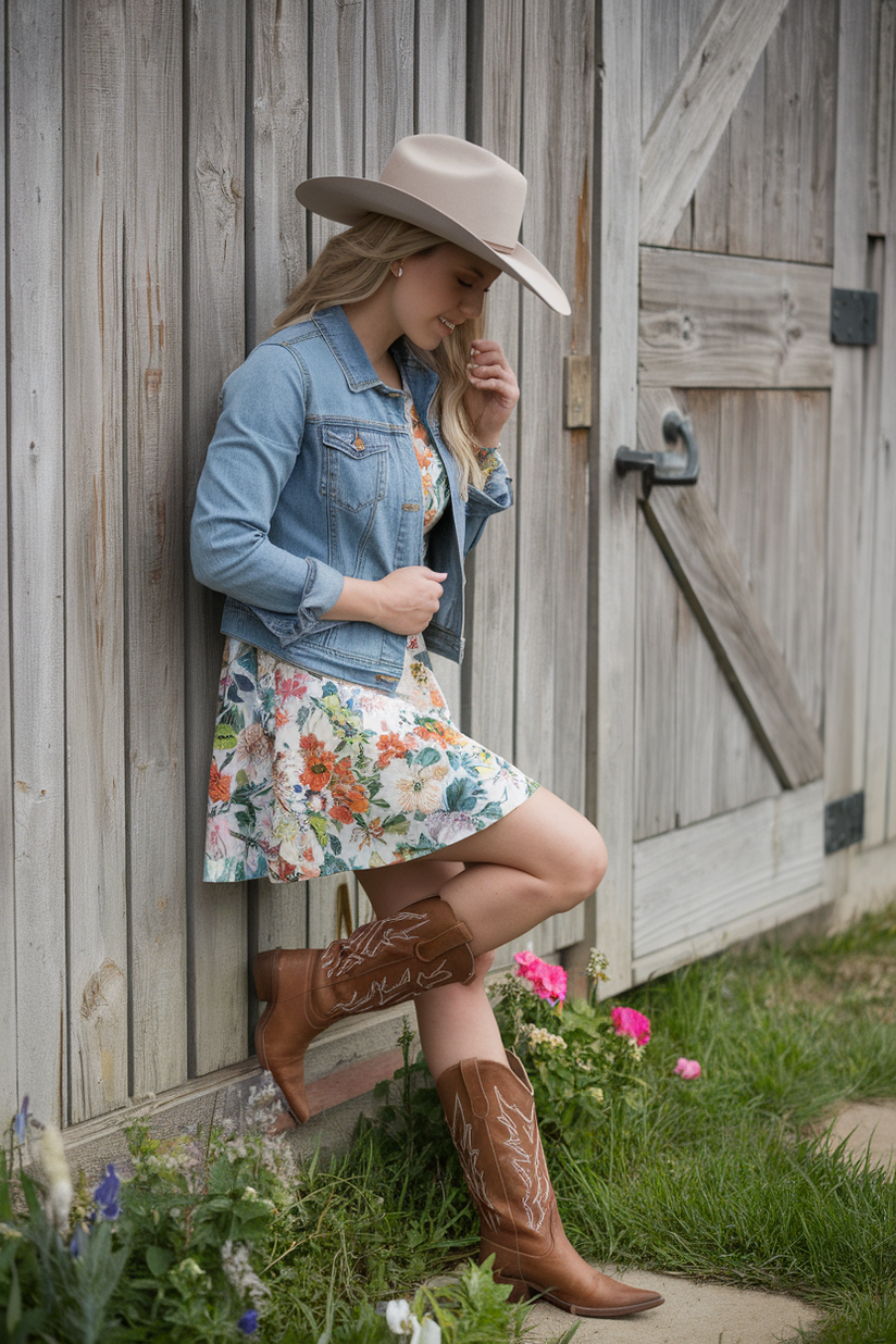 Woman in floral dress, denim jacket, and cowboy boots near a barn.