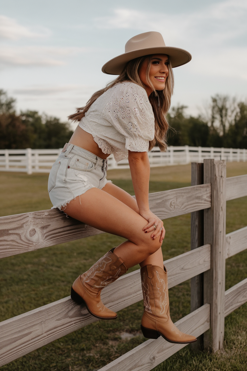 Woman in denim shorts, white blouse, and tan cowboy boots sitting on a fence.