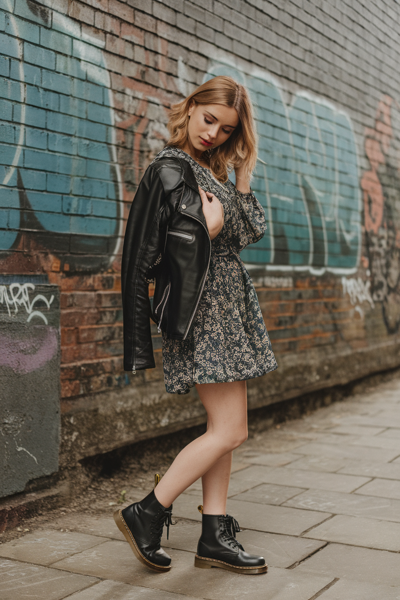 Woman in floral dress and black Dr. Martens boots against a graffiti wall.