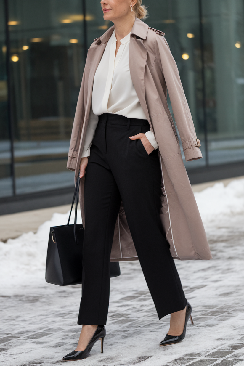 Black patent leather kitten heels styled with a taupe trench coat and black trousers in a winter setting.