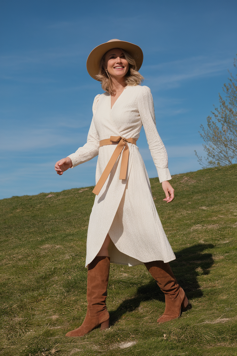 Woman in white wrap dress and brown knee-high boots on a grassy hill.