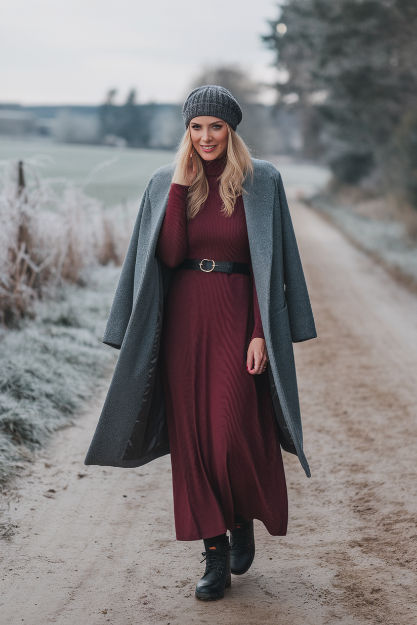 Winter outfit with a burgundy long dress, gray coat, and black boots.