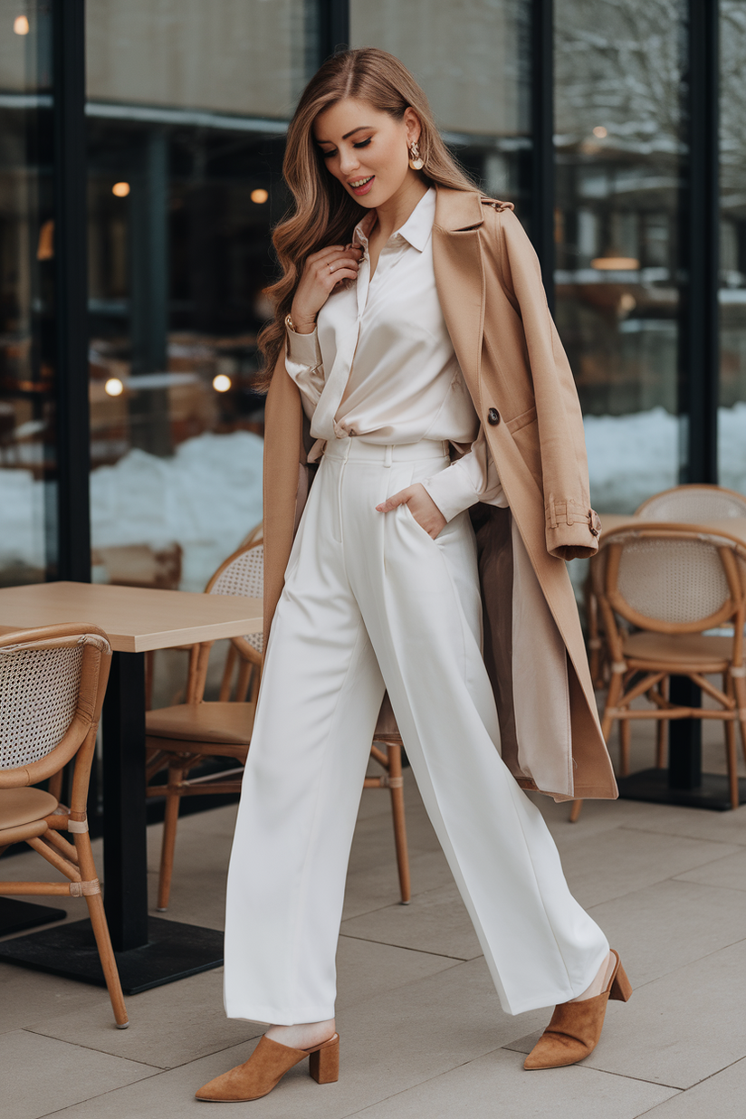 Tan suede heeled mules styled with white trousers and a cream blouse for a polished winter outfit.