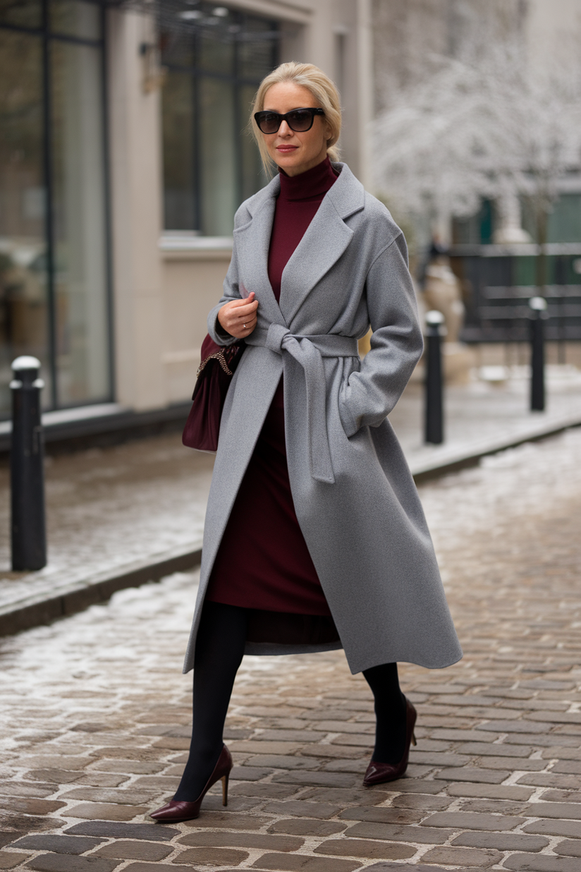 Burgundy pointy-toe heels styled with a gray coat and burgundy dress for a winter day.