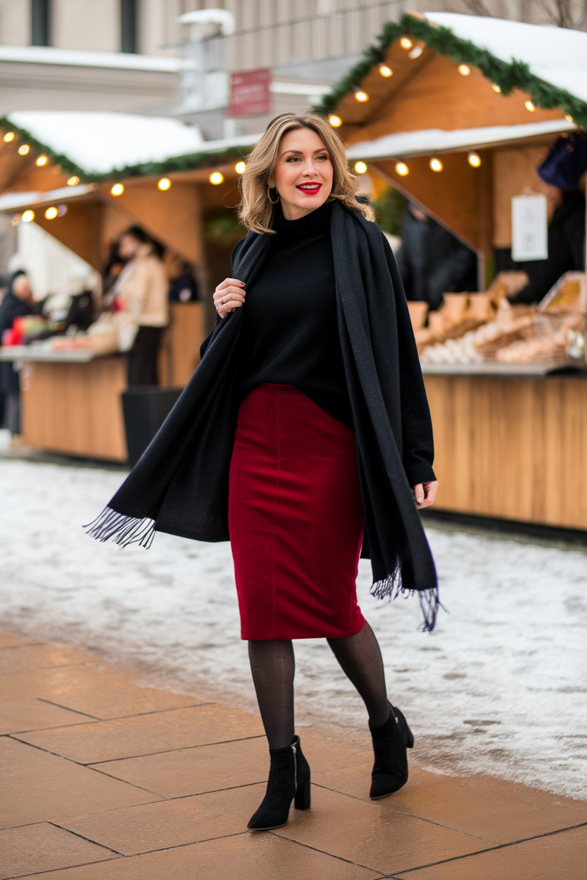 Winter outfit with a deep red pencil skirt, black sweater, and black suede ankle boots.