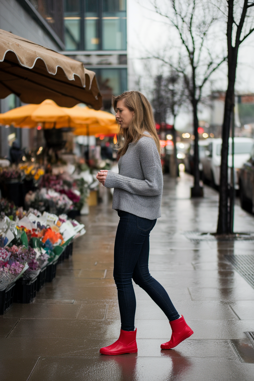 Woman in red ankle rain boots, dark jeans, and gray sweater on a wet city street.