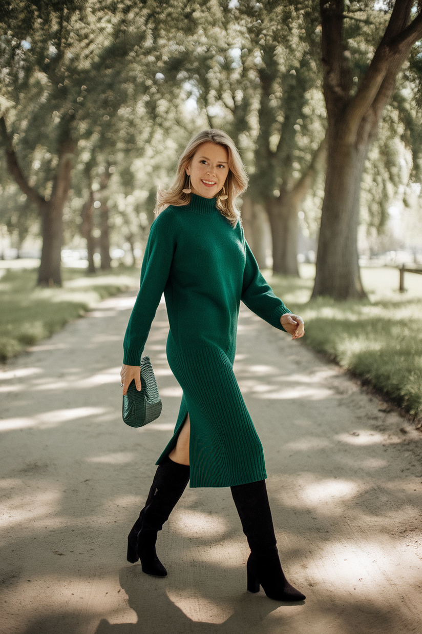 Woman in emerald sweater dress and black suede knee-high boots on a tree-lined path.