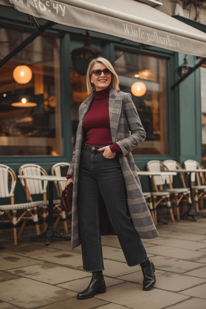 Woman in dark straight jeans, Chelsea boots, a burgundy sweater, and a plaid coat in a winter city setting.