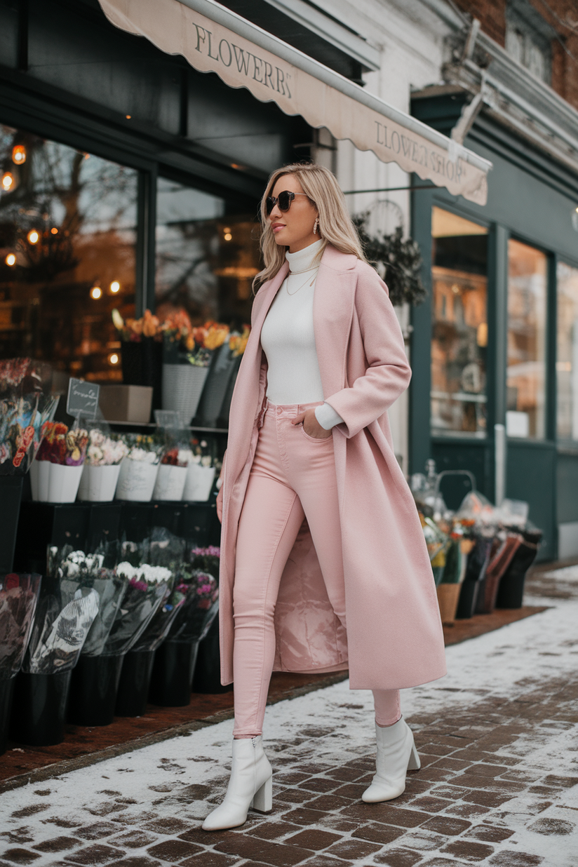 Woman in pink skinny jeans, white boots, and a white turtleneck with a pink wool coat near a snowy flower shop.