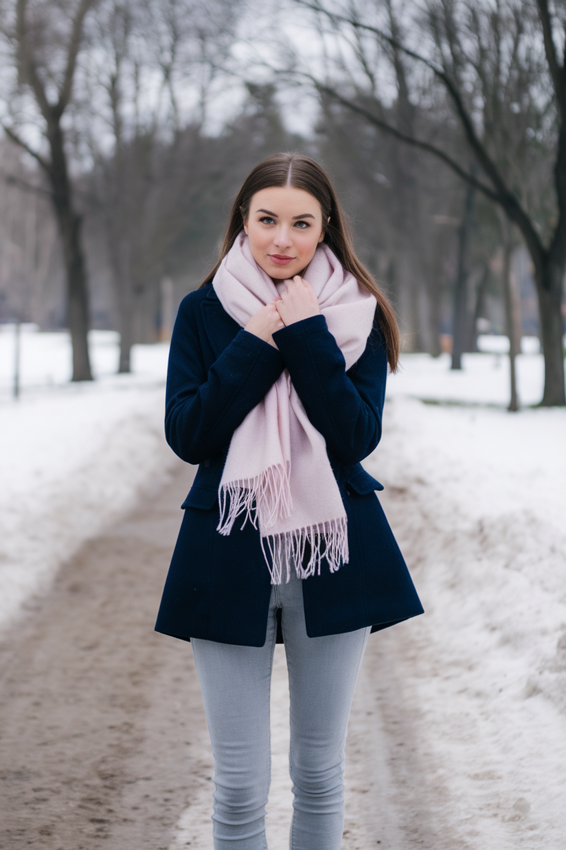 Winter outfit with a pink scarf, navy coat, and gray jeans.