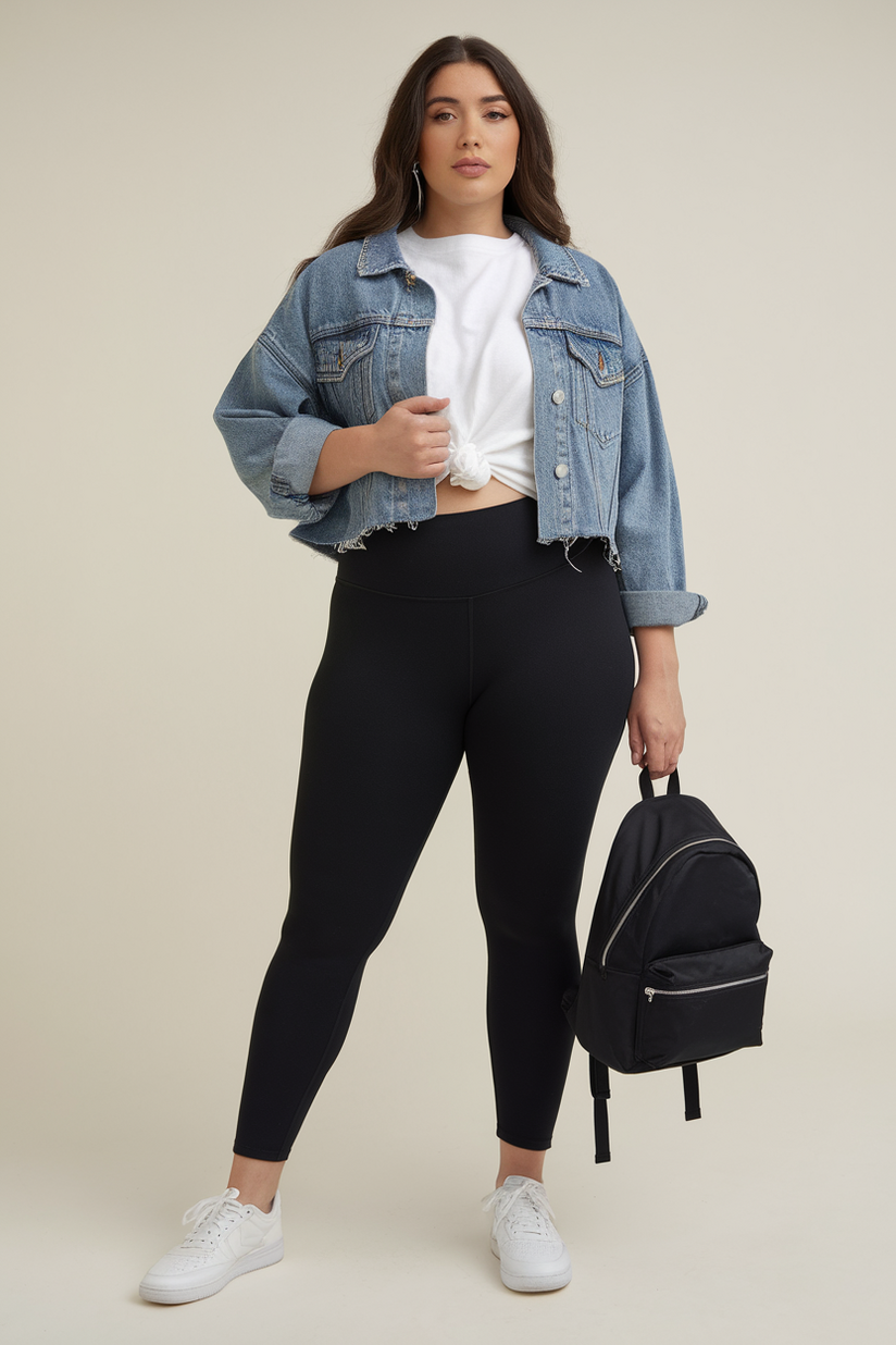 Plus-size woman in black leggings with a white t-shirt and denim jacket, paired with white sneakers, standing against a beige background.